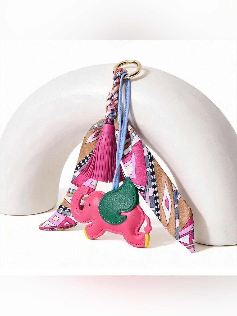 Pink Elephant Leather Bag Charm Keychain with Scarf Accent